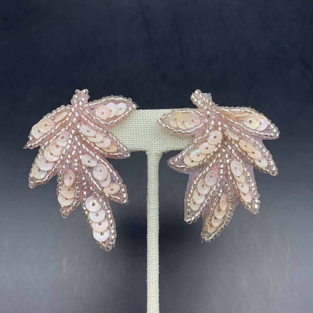 Pink Sequin Clip On Earrings Leaf Ornate Beadwork Beaded Light Blush Big Vintage